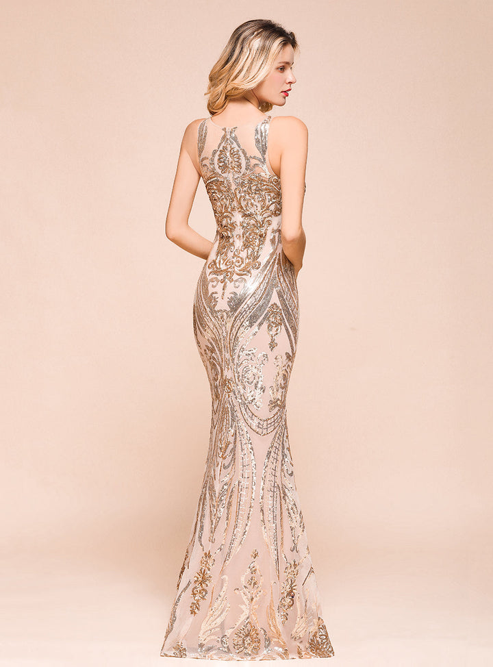 Jewel Sleeveless Sequins Mermaid Floor-Length Dress-koscy