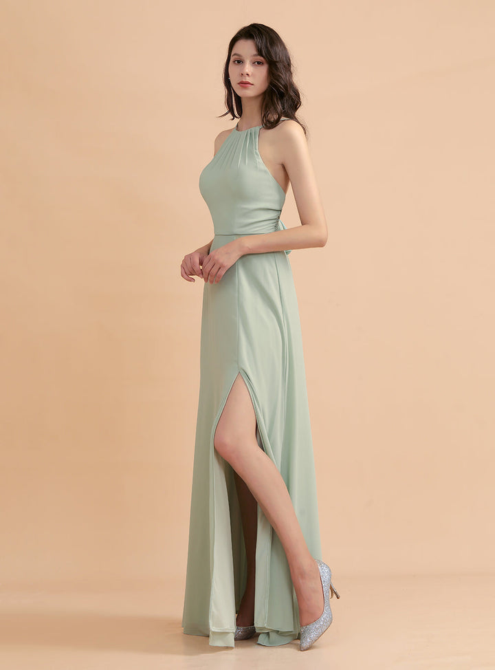 Jewel Sleeveless Slit Chiffon Floor-Length Dress-koscy