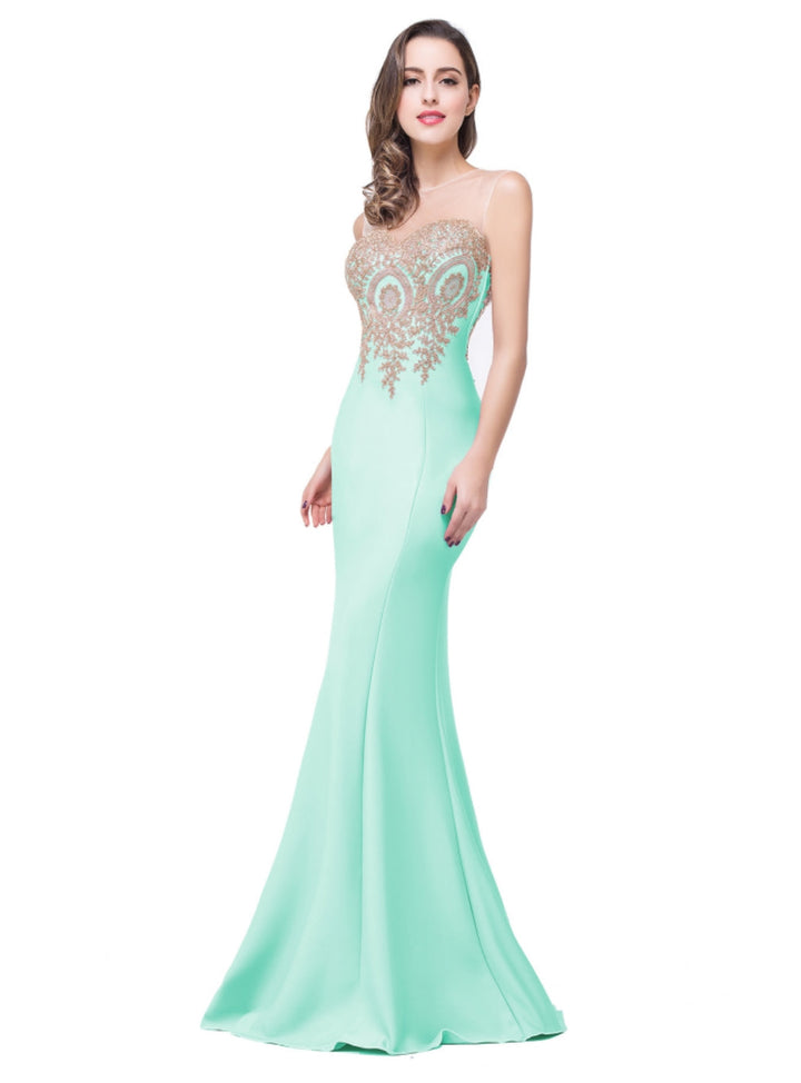 Mermaid Floor-Length Sheer Floor Length Dresses with Rhinestone Appliques-koscy