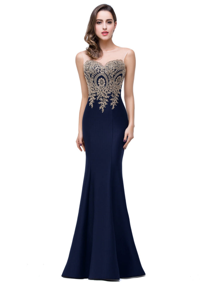 Mermaid Floor-Length Sheer Floor Length Dresses with Rhinestone Appliques-koscy