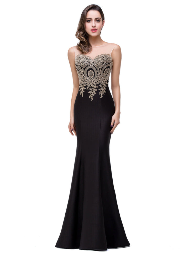 Mermaid Floor-Length Sheer Floor Length Dresses with Rhinestone Appliques-koscy