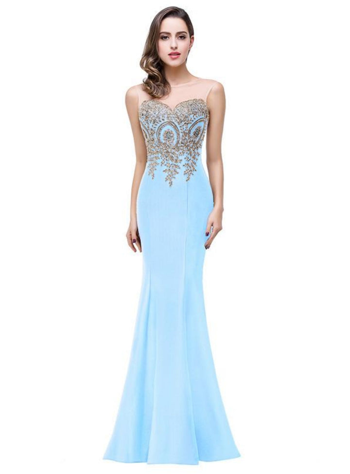 Mermaid Floor-Length Sheer Floor Length Dresses with Rhinestone Appliques-koscy