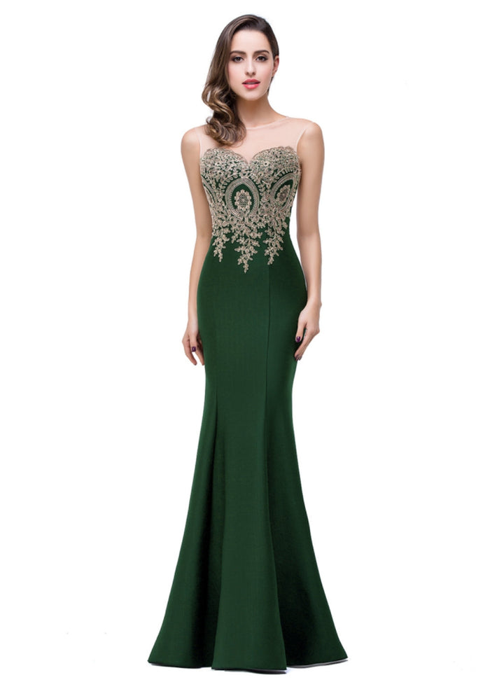 Mermaid Floor-Length Sheer Floor Length Dresses with Rhinestone Appliques-koscy