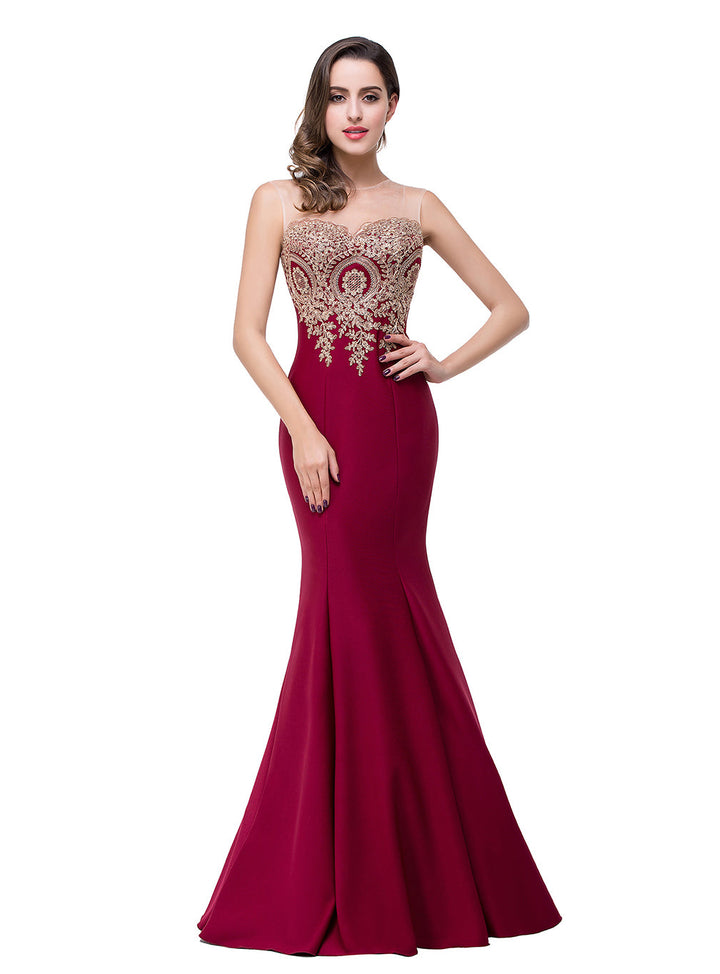 Mermaid Floor-Length Sheer Floor Length Dresses with Rhinestone Appliques-koscy