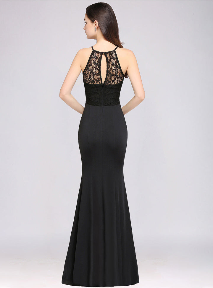 Mermaid Halter Lace Floor-Length Dress Black with Keyhole-koscy