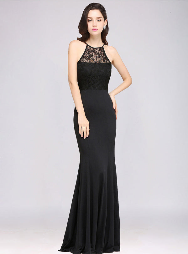 Mermaid Halter Lace Floor-Length Dress Black with Keyhole-koscy