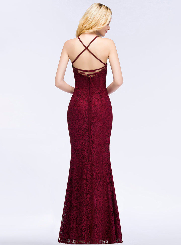 Mermaid Halter Lace Floor-Length Dress with Crisscross Back-koscy