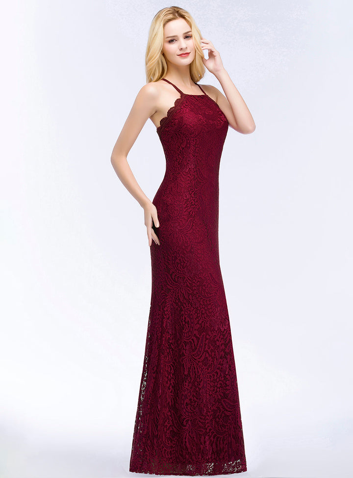 Mermaid Halter Lace Floor-Length Dress with Crisscross Back-koscy