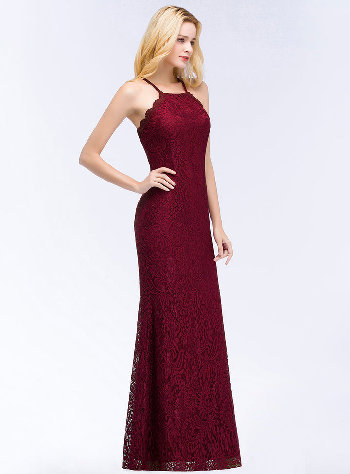 Mermaid Halter Lace Floor-Length Dress with Crisscross Back-koscy