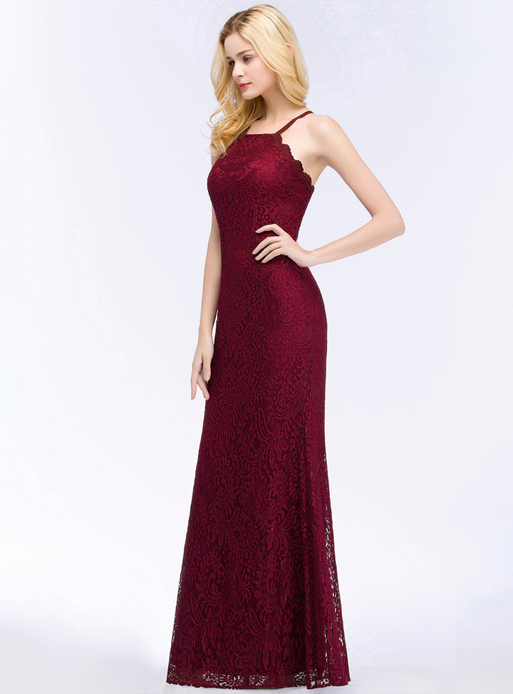 Mermaid Halter Lace Floor-Length Dress with Crisscross Back-koscy