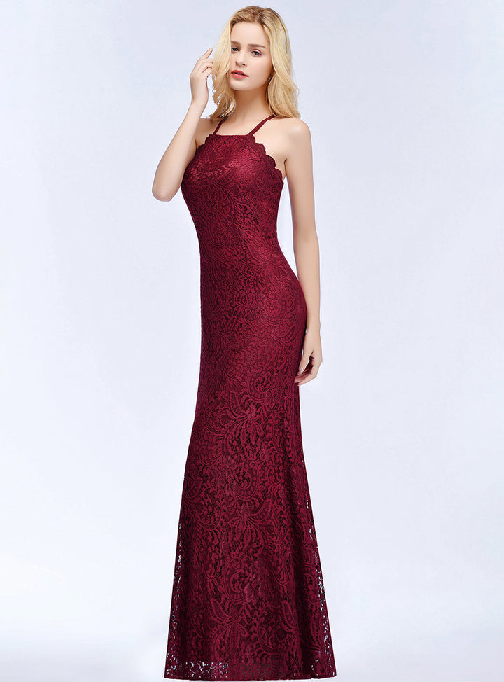 Mermaid Halter Lace Floor-Length Dress with Crisscross Back-koscy