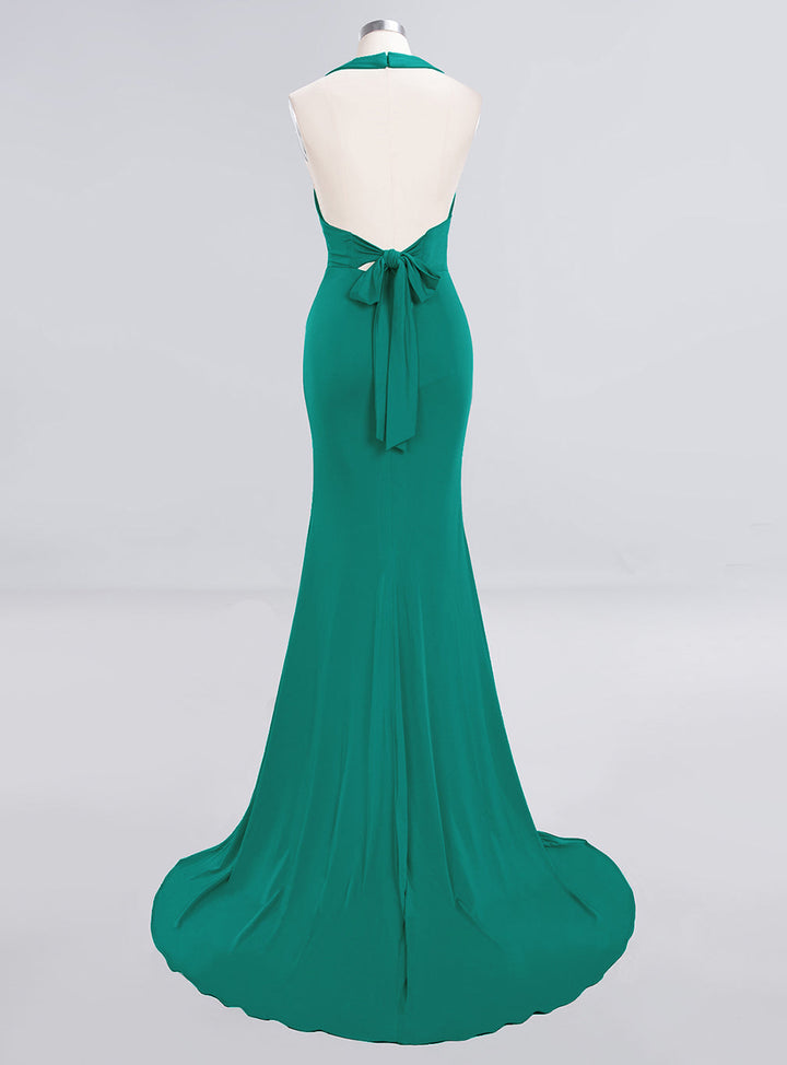 Mermaid Halter V-Neck Chiffon Floor-Length Dress Jade-koscy