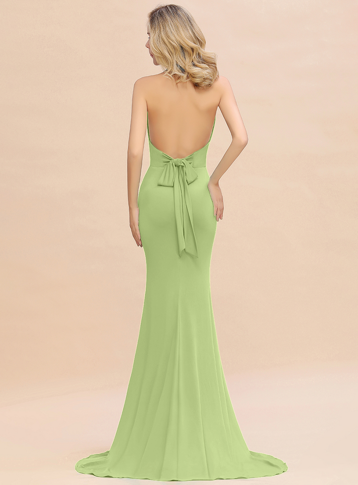 Mermaid Halter V-Neck Chiffon Floor-Length Dress Jade-koscy