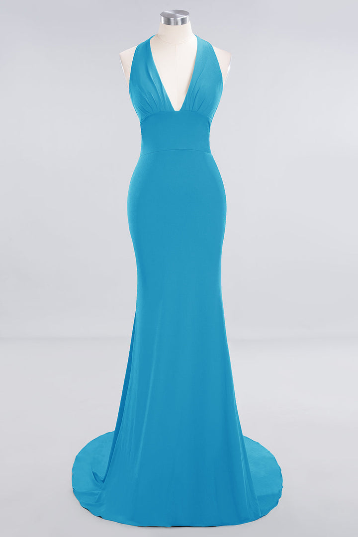 Mermaid Halter V-Neck Chiffon Floor-Length Dress Jade-koscy