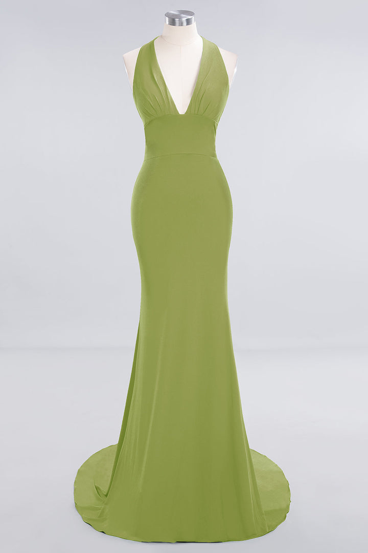 Mermaid Halter V-Neck Chiffon Floor-Length Dress Jade-koscy