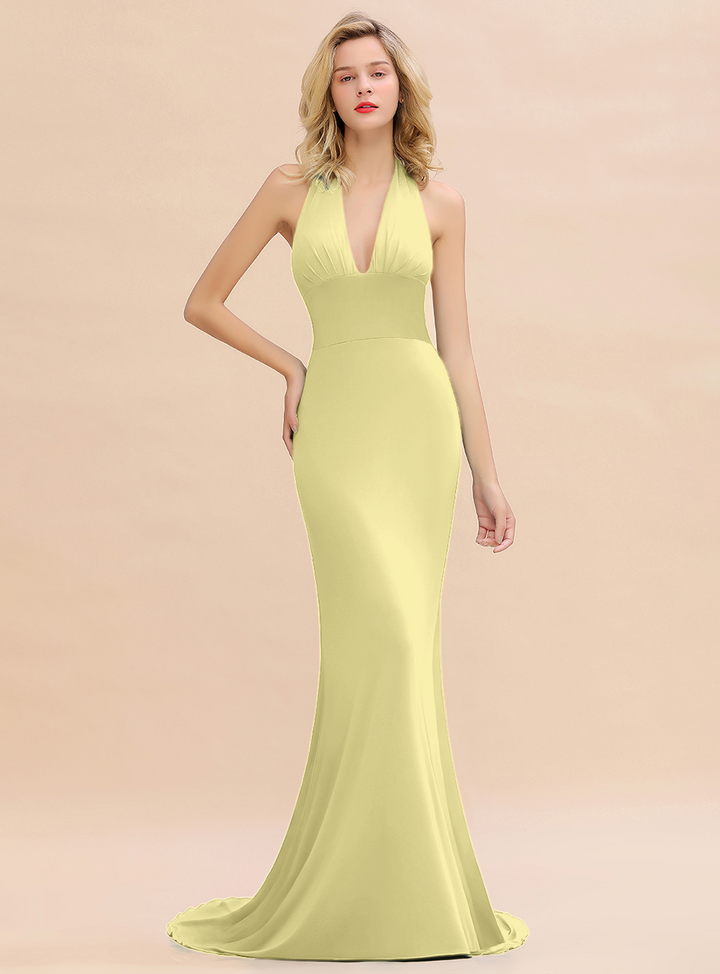 Mermaid Halter V-Neck Chiffon Floor-Length Dress Jade-koscy