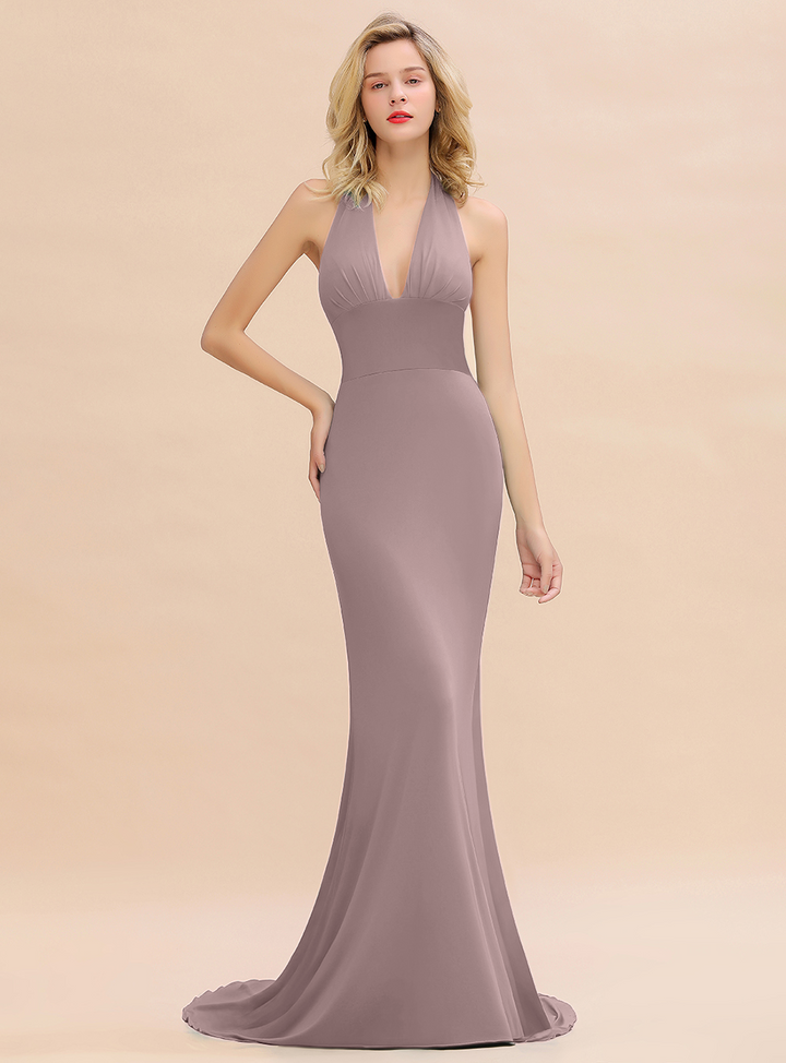 Mermaid Halter V-Neck Chiffon Floor-Length Dress Jade-koscy