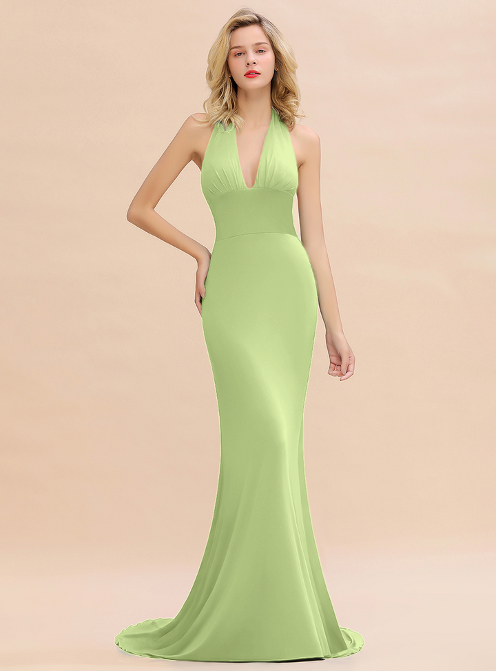 Mermaid Halter V-Neck Chiffon Floor-Length Dress Jade-koscy