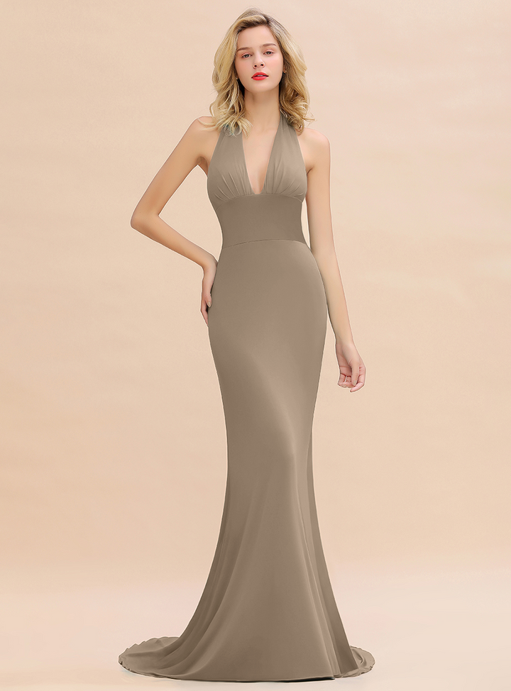 Mermaid Halter V-Neck Chiffon Floor-Length Dress Jade-koscy