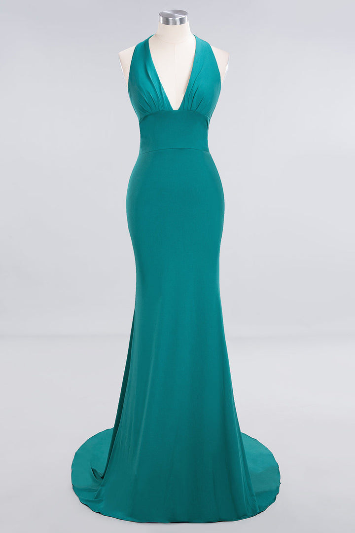 Mermaid Halter V-Neck Chiffon Floor-Length Dress Jade-koscy