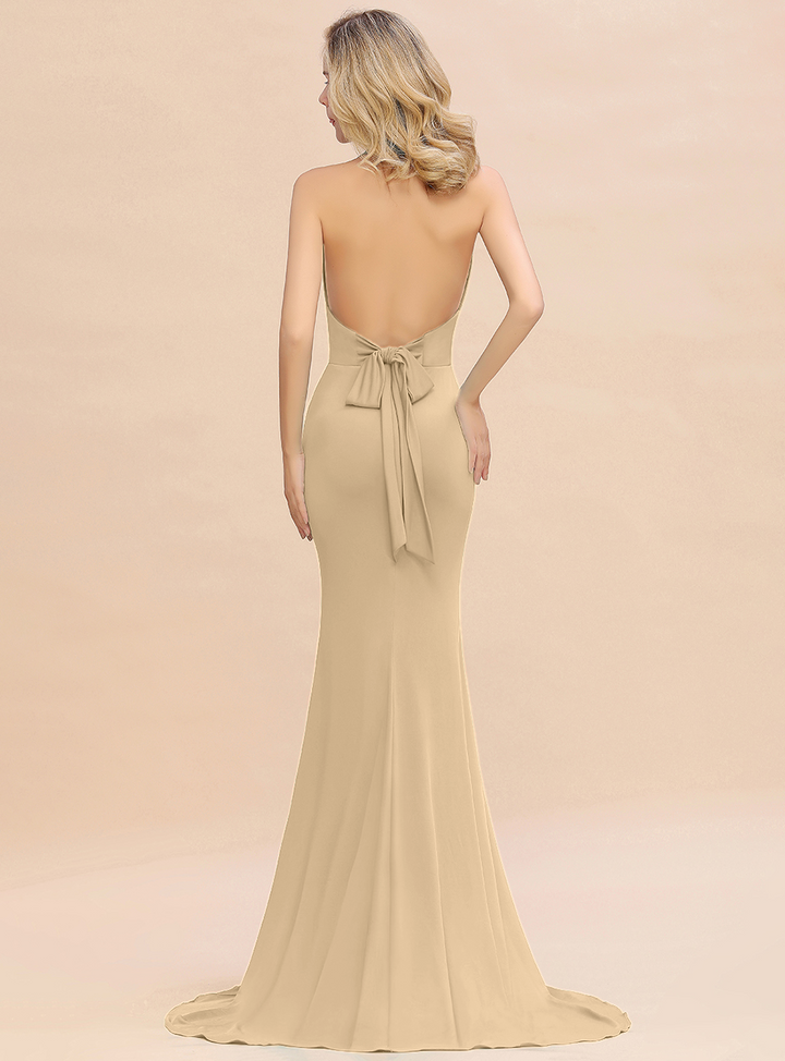 Mermaid Halter V-Neck Chiffon Floor-Length Dress Jade-koscy