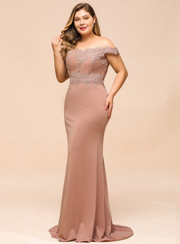 Mermaid Off-the-Shoulder Lace Floor-Length Dress with Appliques-koscy