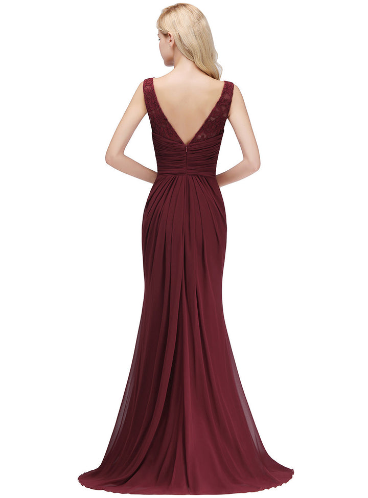 Mermaid Pleated Chiffon Floral Lace Floor-Length Dress Burgundy-koscy