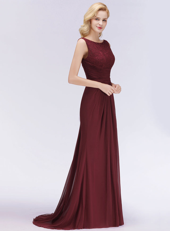 Mermaid Pleated Chiffon Floral Lace Floor-Length Dress Burgundy-koscy