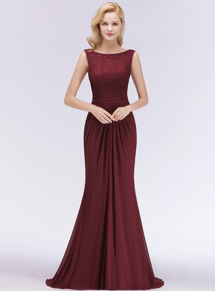 Mermaid Pleated Chiffon Floral Lace Floor-Length Dress Burgundy-koscy