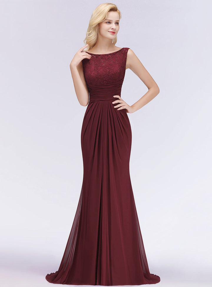 Mermaid Pleated Chiffon Floral Lace Floor-Length Dress Burgundy-koscy