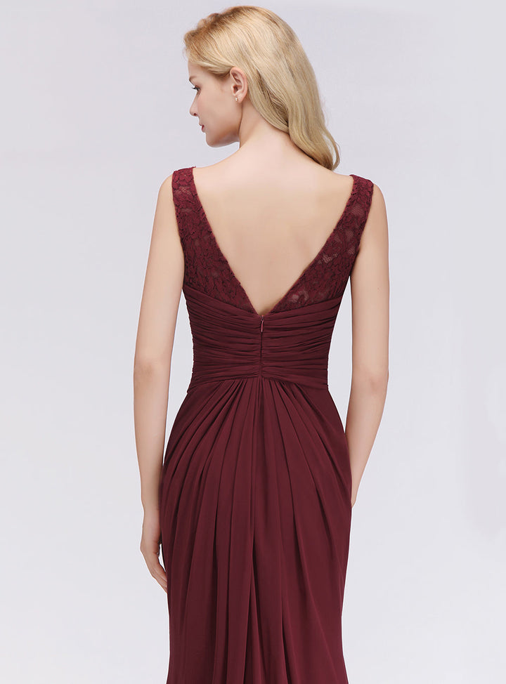 Mermaid Pleated Chiffon Floral Lace Floor-Length Dress Burgundy-koscy