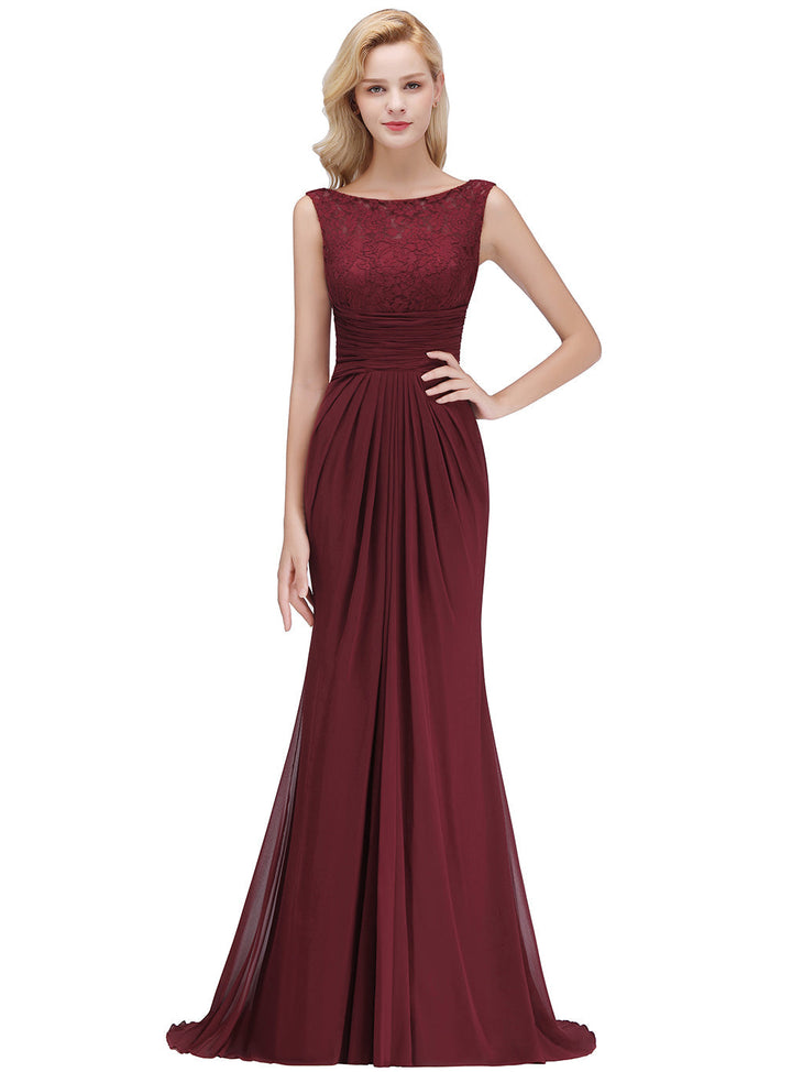 Mermaid Pleated Chiffon Floral Lace Floor-Length Dress Burgundy-koscy