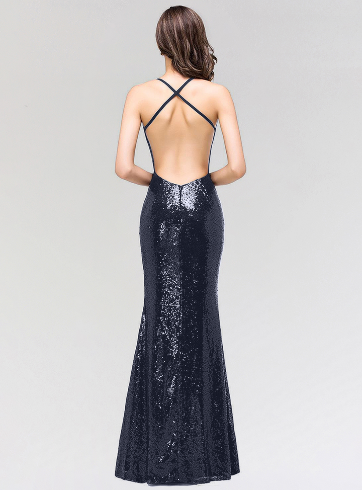 Mermaid Sequins Floor-Length Dress with Spaghetti Straps-koscy