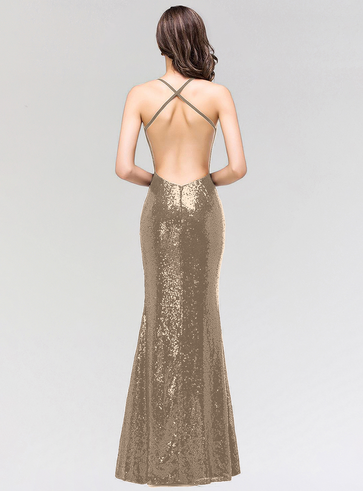 Mermaid Sequins Floor-Length Dress with Spaghetti Straps-koscy