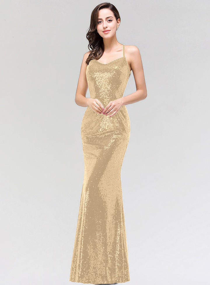 Mermaid Sequins Floor-Length Dress with Spaghetti Straps-koscy