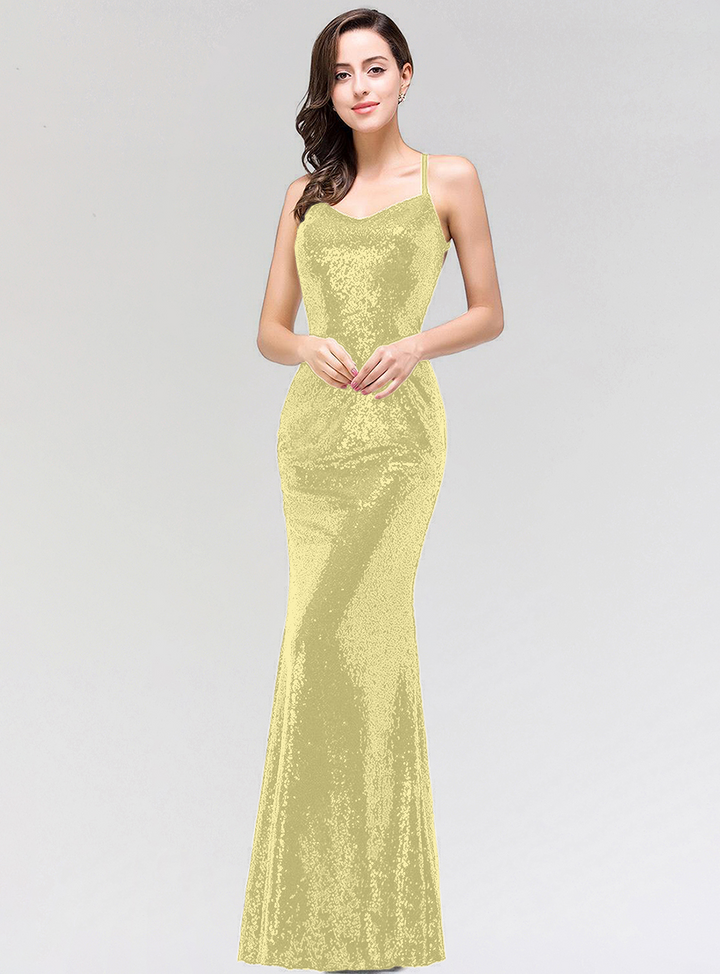 Mermaid Sequins Floor-Length Dress with Spaghetti Straps-koscy