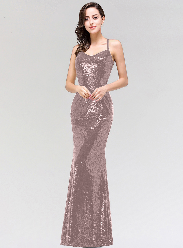 Mermaid Sequins Floor-Length Dress with Spaghetti Straps-koscy