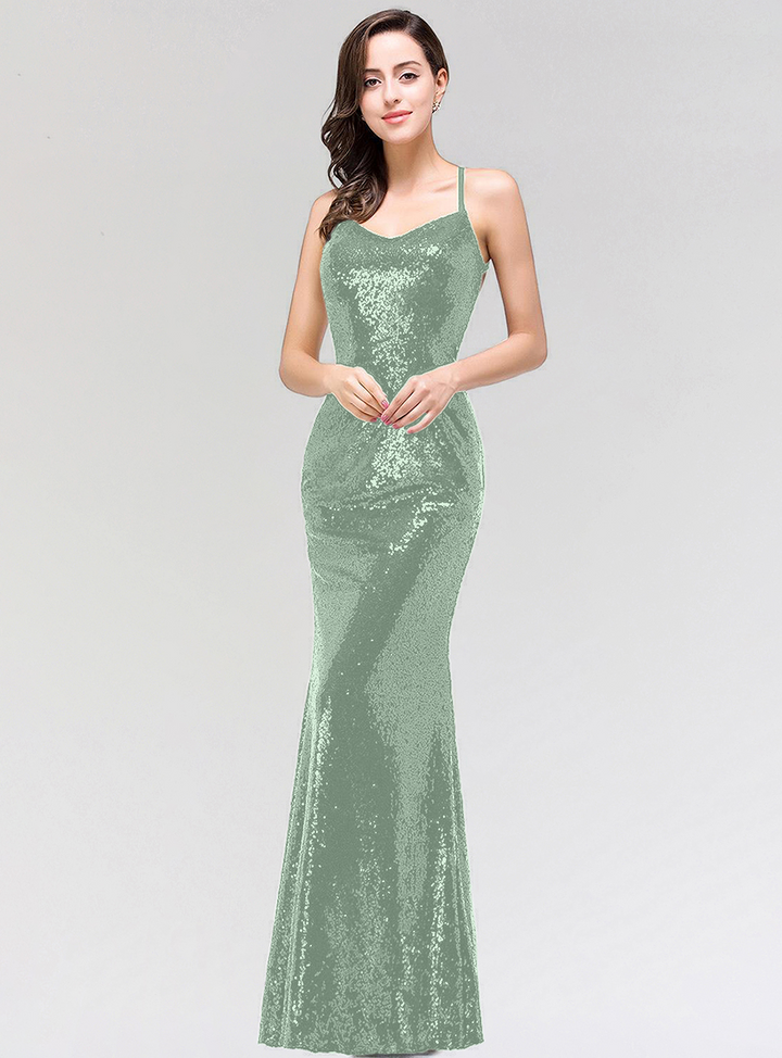 Mermaid Sequins Floor-Length Dress with Spaghetti Straps-koscy