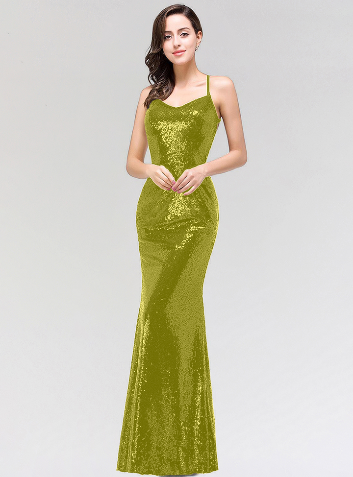 Mermaid Sequins Floor-Length Dress with Spaghetti Straps-koscy