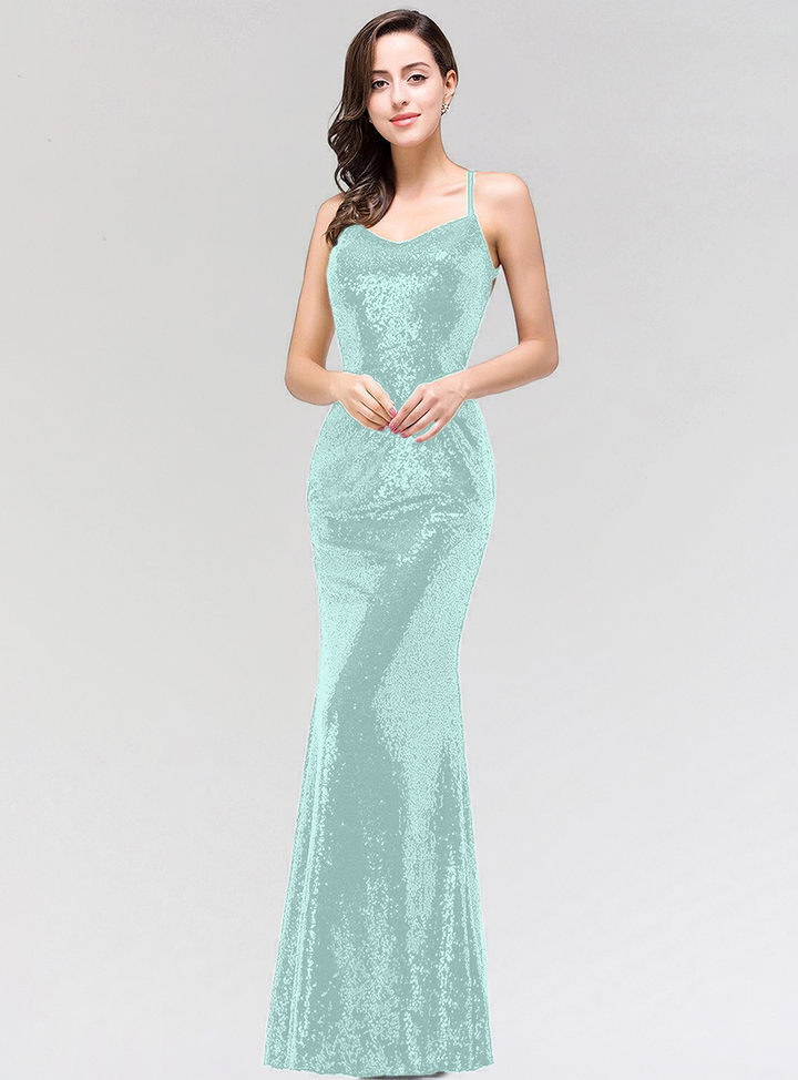 Mermaid Sequins Floor-Length Dress with Spaghetti Straps-koscy