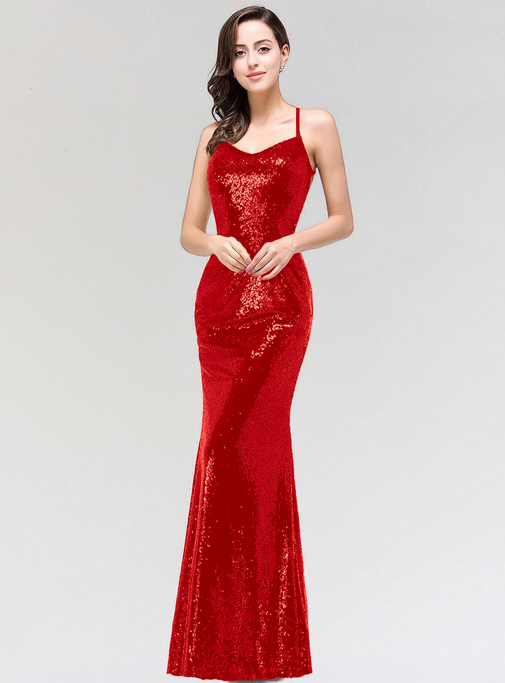 Mermaid Sequins Floor-Length Dress with Spaghetti Straps-koscy