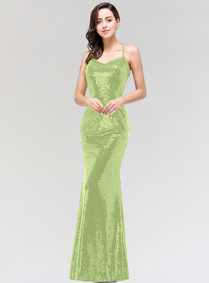 Mermaid Sequins Floor-Length Dress with Spaghetti Straps-koscy