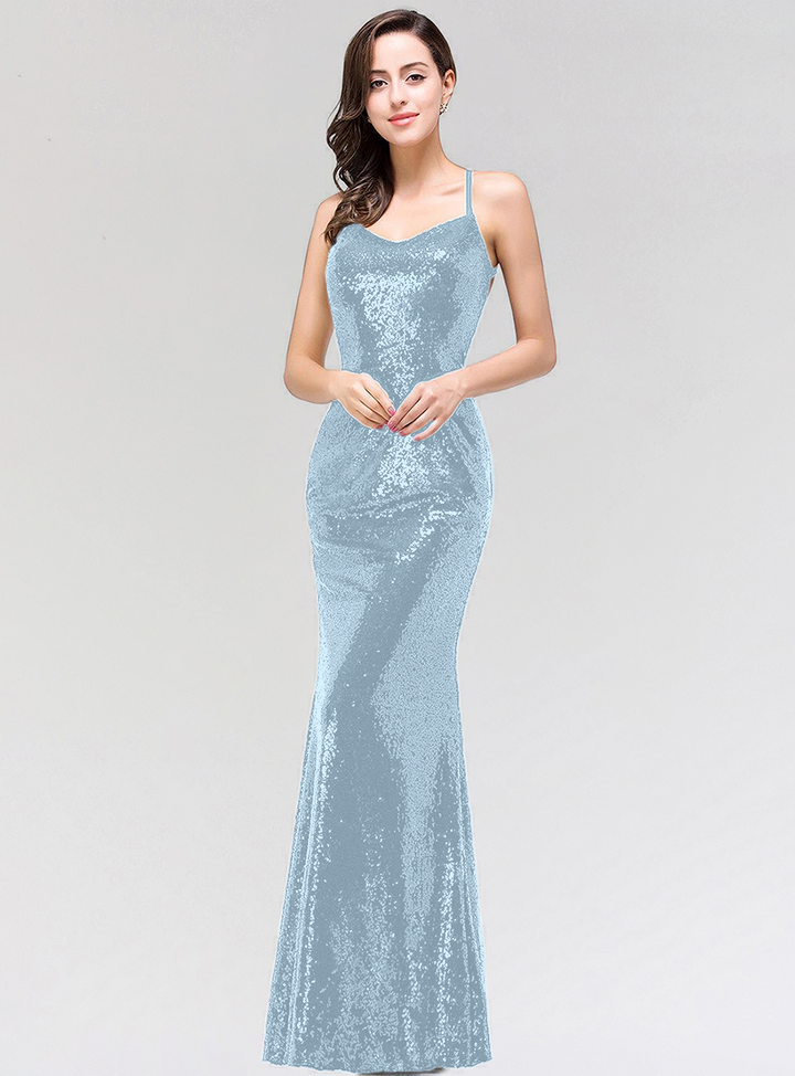 Mermaid Sequins Floor-Length Dress with Spaghetti Straps-koscy