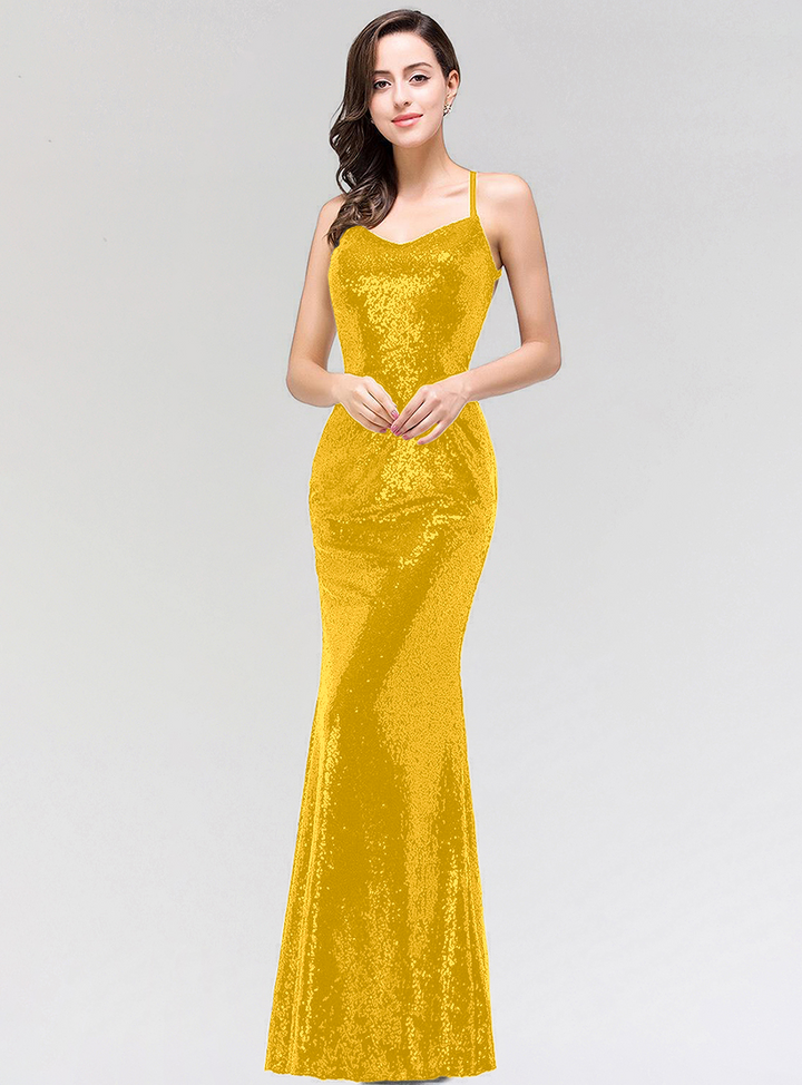 Mermaid Sequins Floor-Length Dress with Spaghetti Straps-koscy