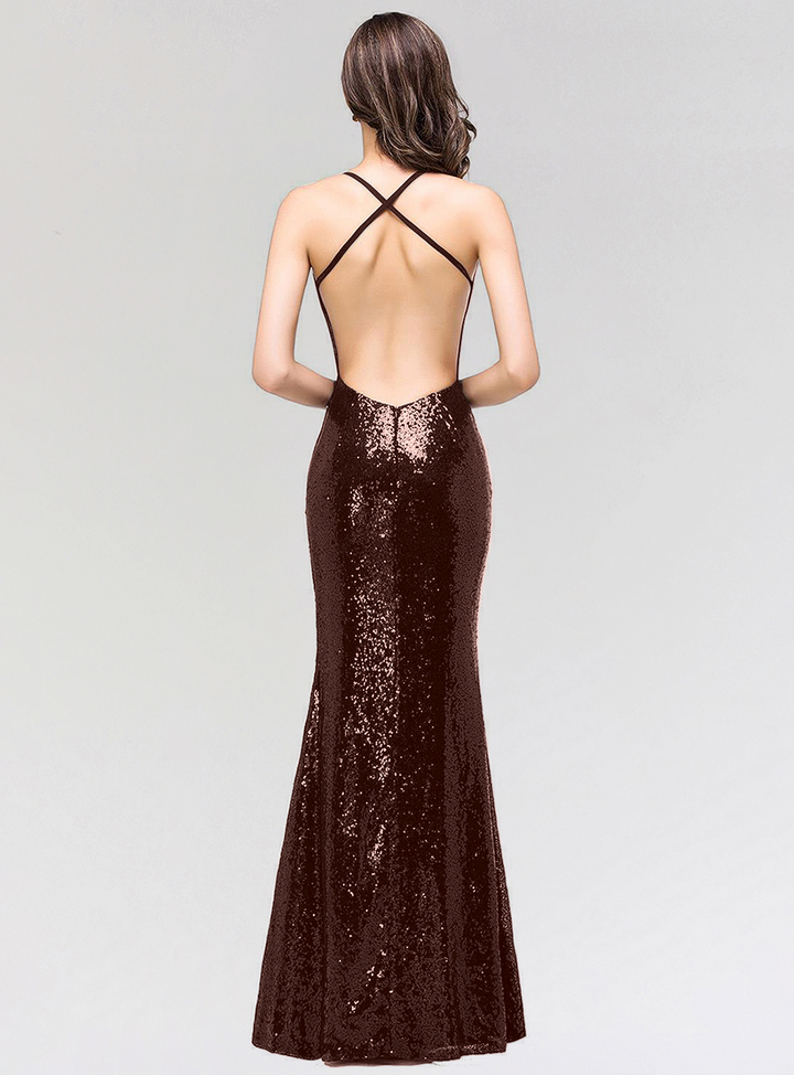 Mermaid Sequins Floor-Length Dress with Spaghetti Straps-koscy