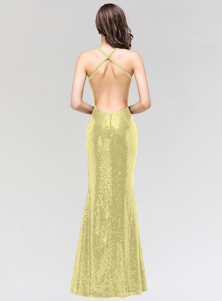 Mermaid Sequins Floor-Length Dress with Spaghetti Straps-koscy