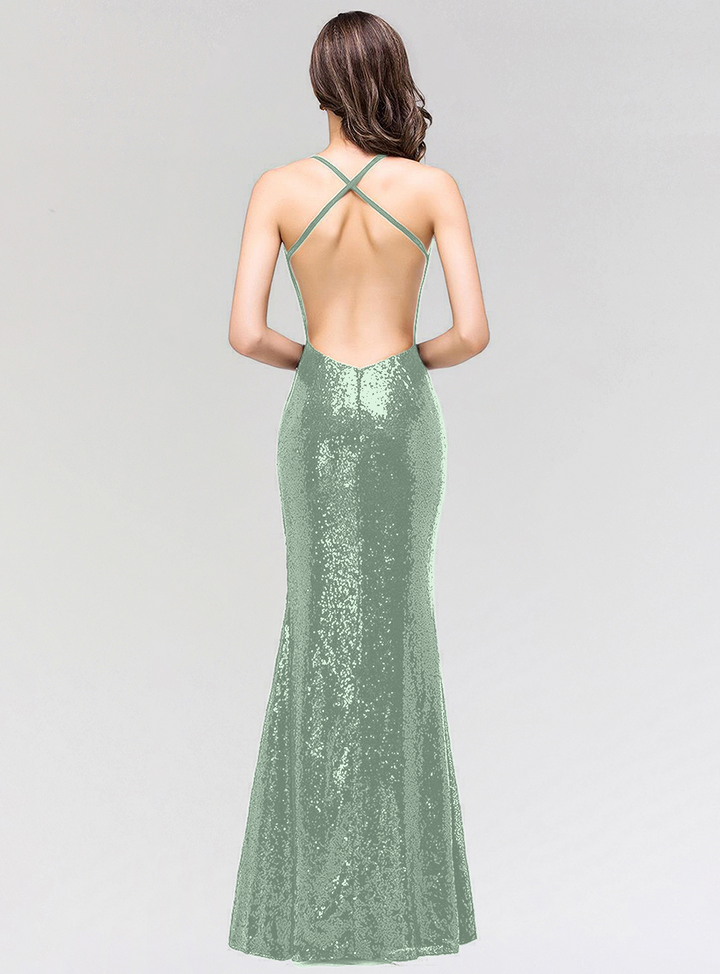 Mermaid Sequins Floor-Length Dress with Spaghetti Straps-koscy