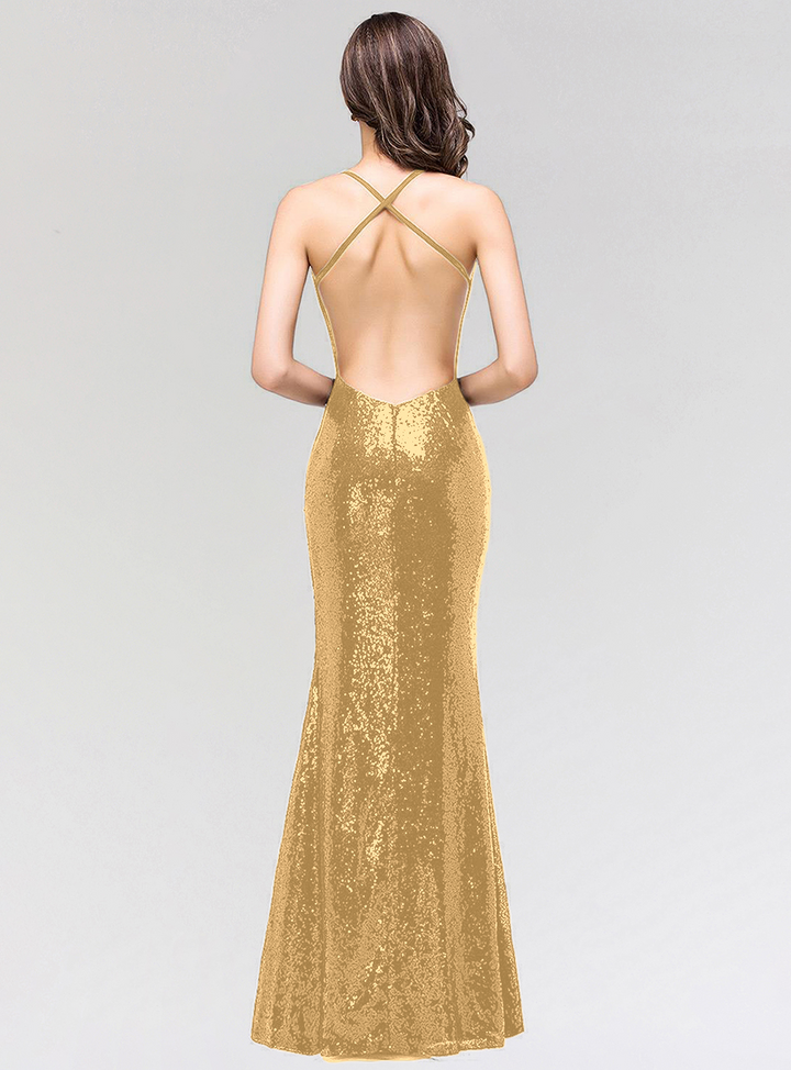 Mermaid Sequins Floor-Length Dress with Spaghetti Straps-koscy