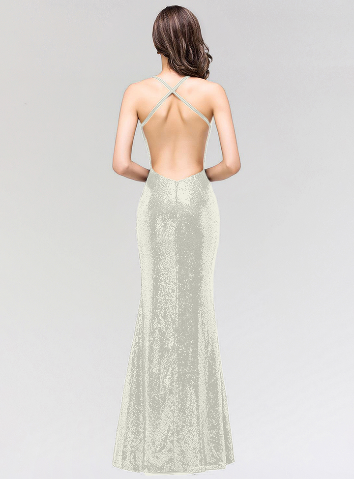 Mermaid Sequins Floor-Length Dress with Spaghetti Straps-koscy