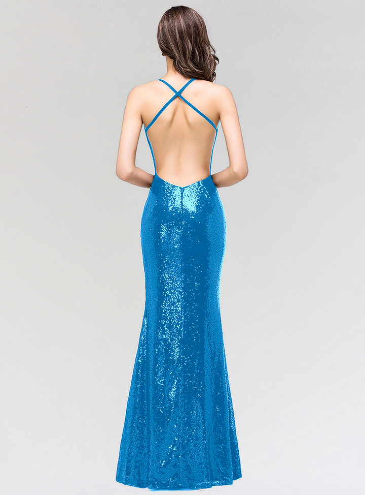 Mermaid Sequins Floor-Length Dress with Spaghetti Straps-koscy